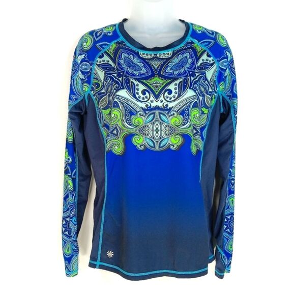 ATHLETA Runaway Blue Green Paisley Print Medium UPF Athletic Long Sleeve Shirt - Picture 2 of 15